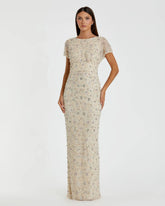 Ivory Floral Embellished Mesh Fitted Column Gown